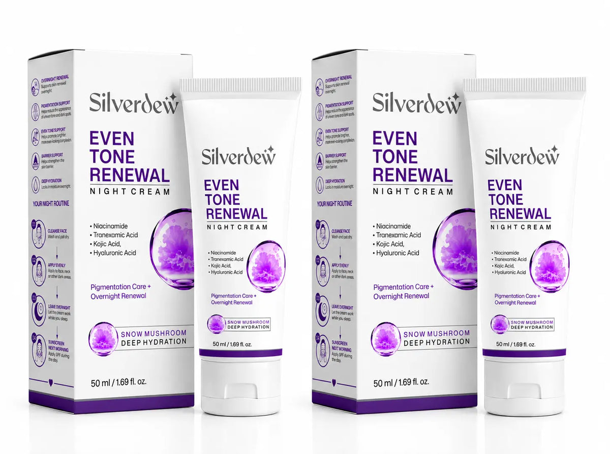 Two Silverdew Even Tone Renewal Nightcream tubes and their matching retail boxes, displayed side-by-side on a clean white background.