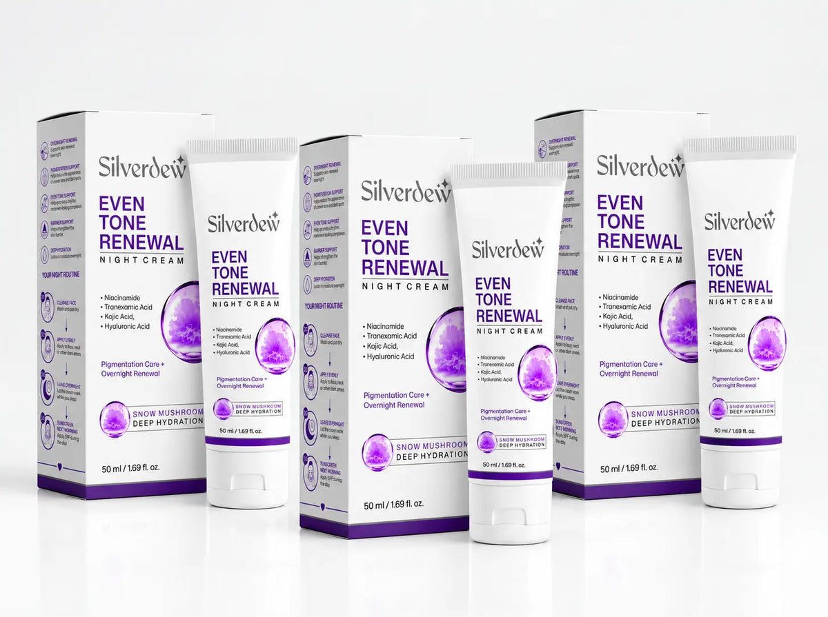 Silverdew Even Tone Renewal Nightcream products, including three tubes, arranged symmetrically on a clean white background.