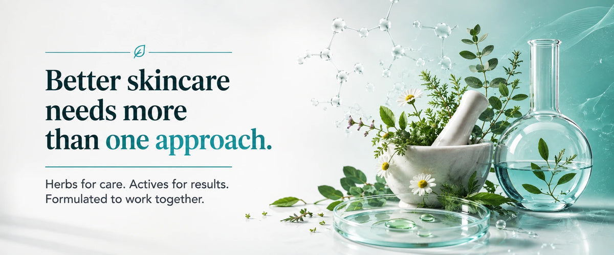 Promotional skincare graphic with the text 'Better skincare needs more than one approach.' and 'Herbs for care.