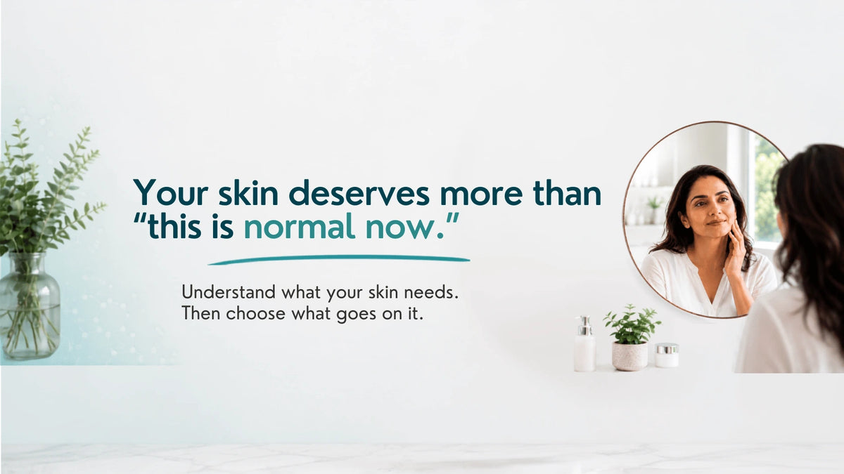 A promotional skincare graphic with the text 'Your skin deserves more than "this is normal now."' and 'Understand what your skin needs.