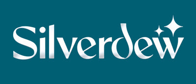 Silverdew brand logo in white serif lettering with a small sparkle accent on a dark teal background.