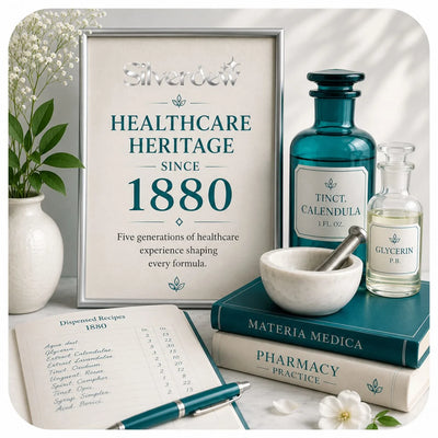 A styled tabletop arrangement featuring a framed sign that reads 'Healthcare Heritage Since 1880,' surrounded by vintage-style apothecary props including a teal glass bottle labeled 'Tincture Calendula,' a small clear bottle labeled 'Glycerin,' a white mortar and pestle, books titled 'Materia Medica' and 'Pharmacy Practice,' a notebook, and a pen.