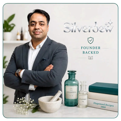 A man in a dark gray suit stands with arms crossed beside a white marble counter, with the Silverdew logo and the text 'Founder Backed' on a light background. On the counter are a green glass apothecary bottle, a small clear bottle, a white mortar and pestle, and recipe books.